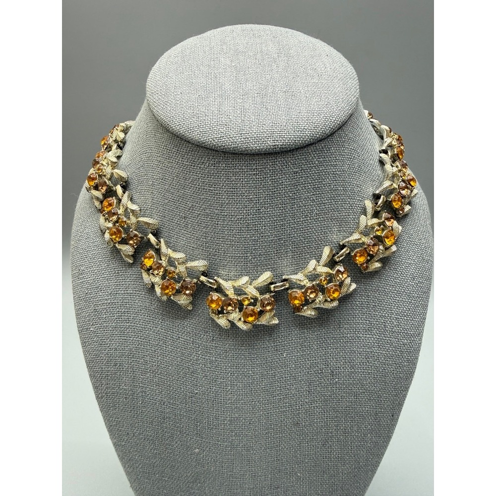 Vintage MCM Gold Tone Leaf Link Choker Necklace 14" Orange Brown Rhinestones